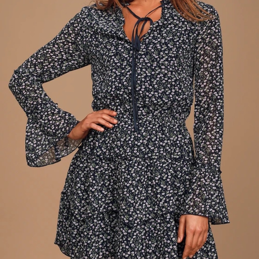 Lulus Navy Blue Floral Print Long Sleeve Ruffled Dress Size Small